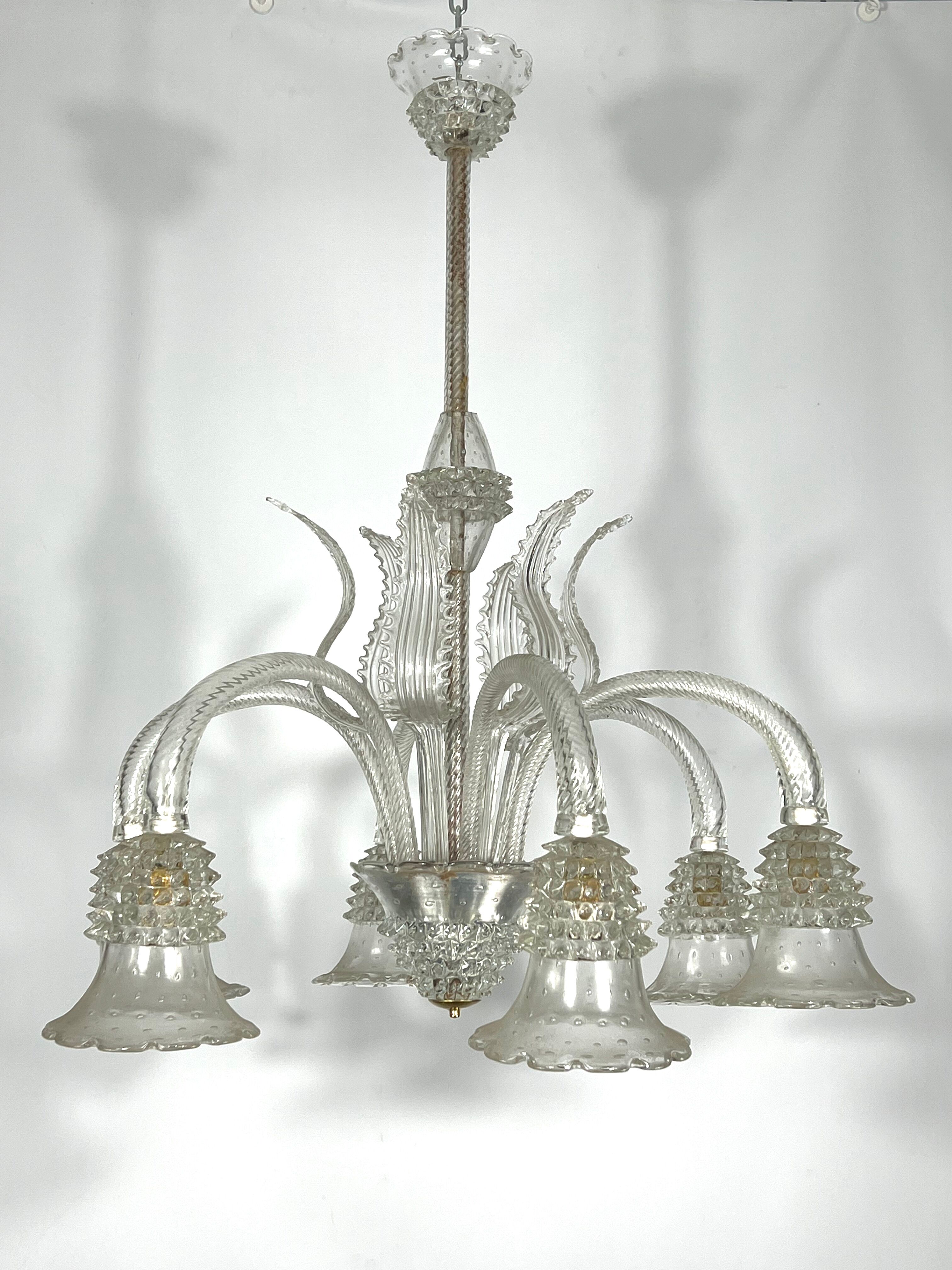 Mid-century six arms Murano Bullicante Rostrato chandelier by Ercole Barovier