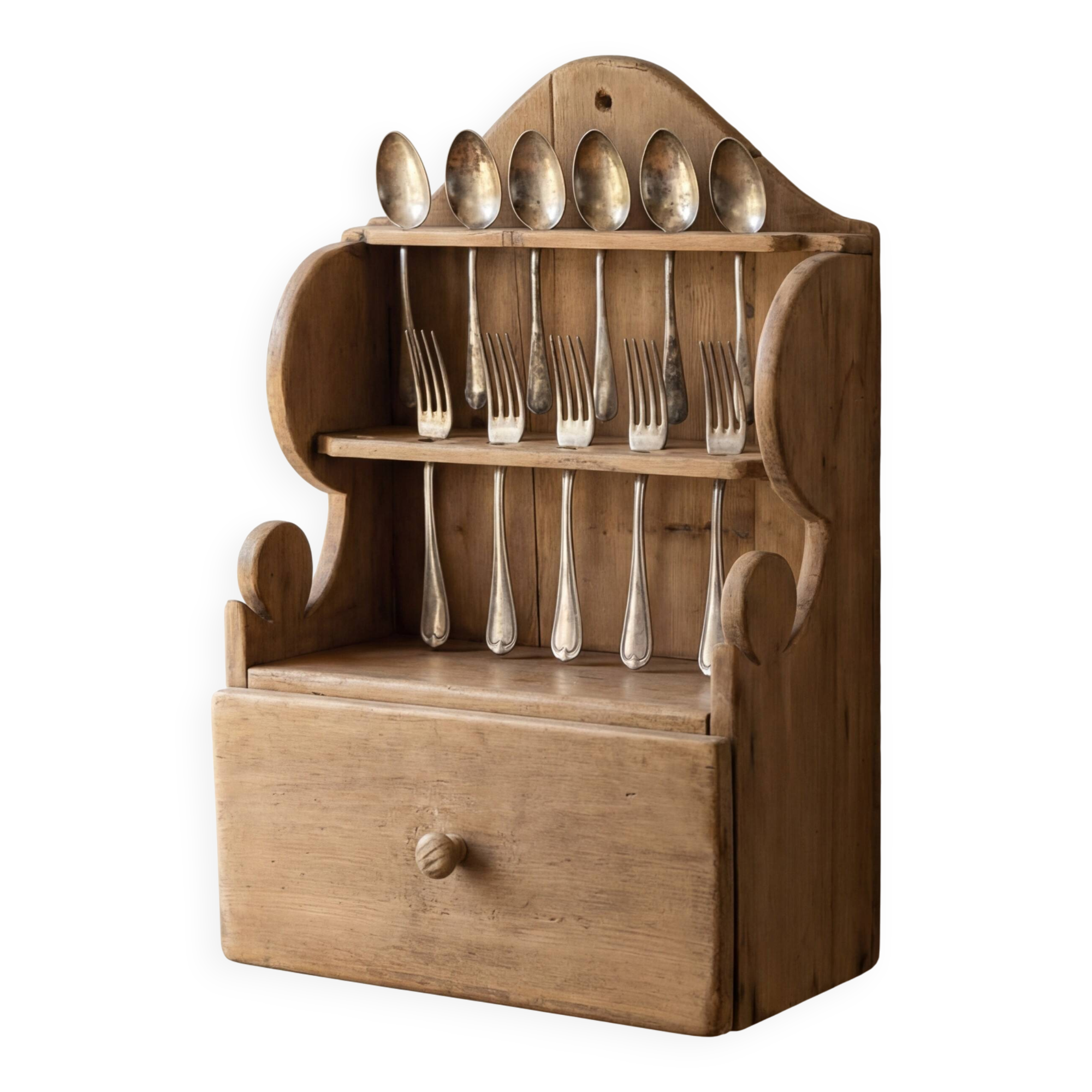 Étagère en pin sculpté à la main, style art populaire, 1 tiroir, 1950