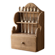 Hand-Carved Folk Art Pine Cutlery Rack with Drawer, 1950s