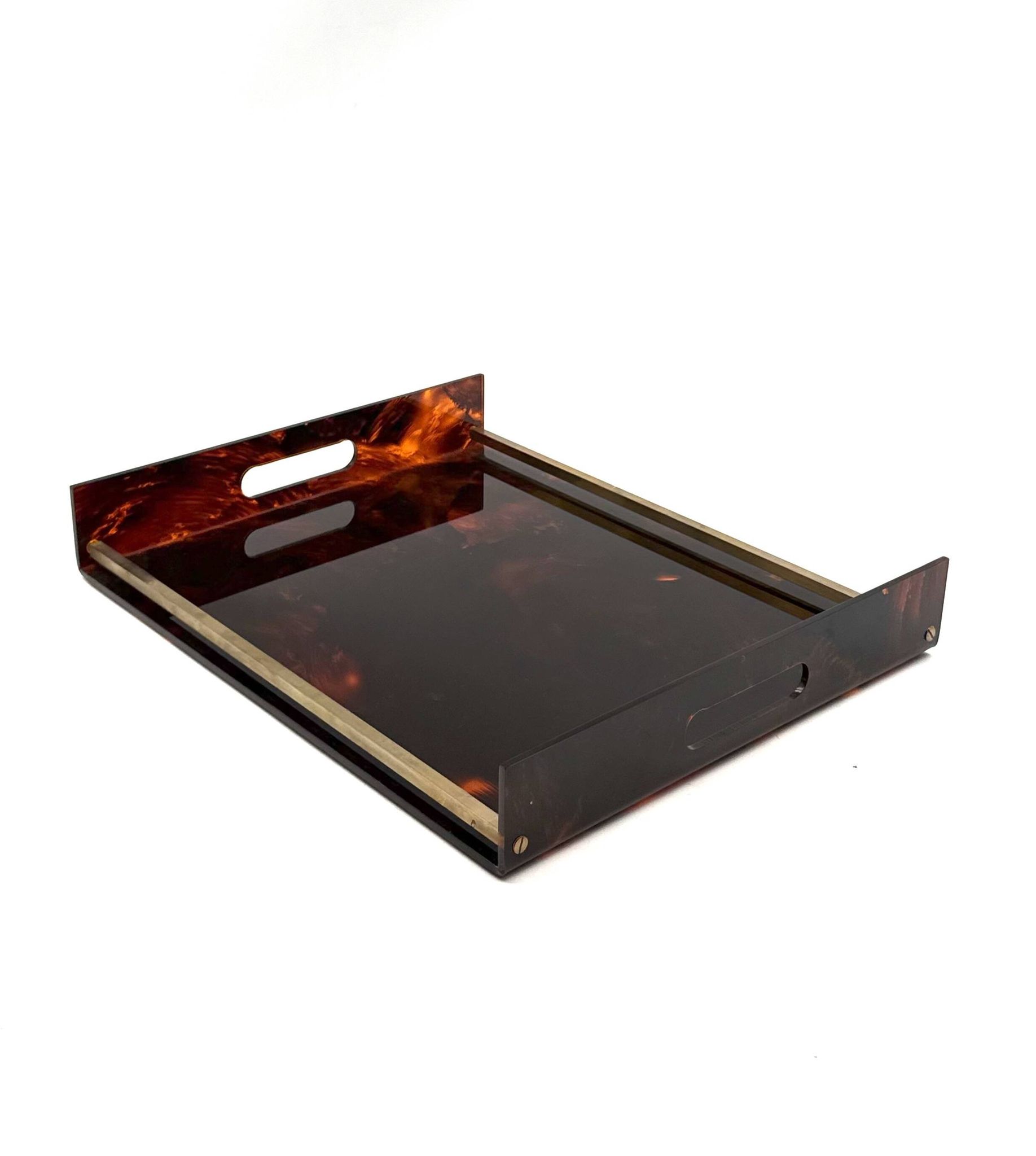 Hollywood regency brass and tortoiseshell lucite tray, Italy 1970s