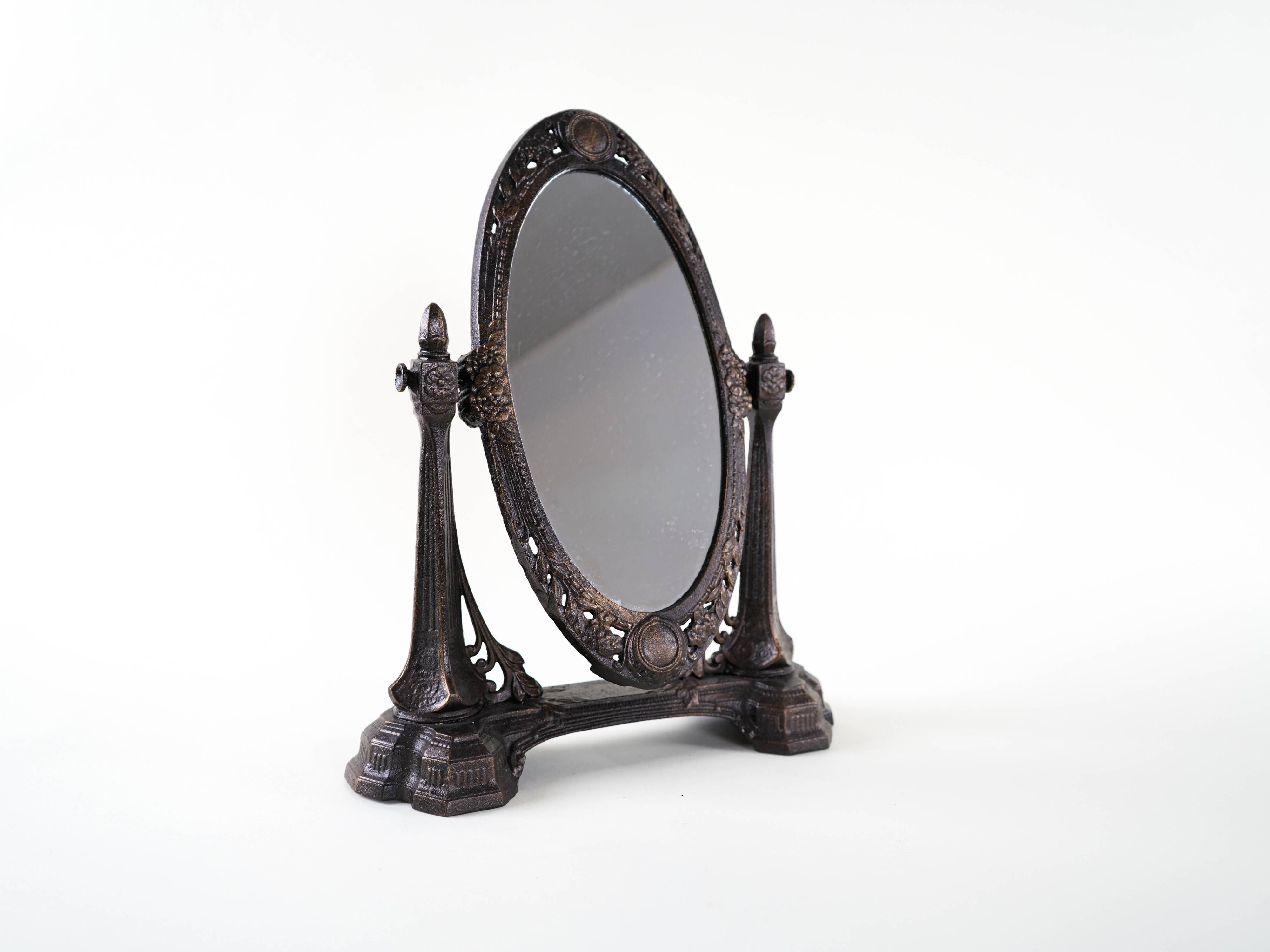 Art Nouveau table mirror with ornamental metal frame, early 20th century