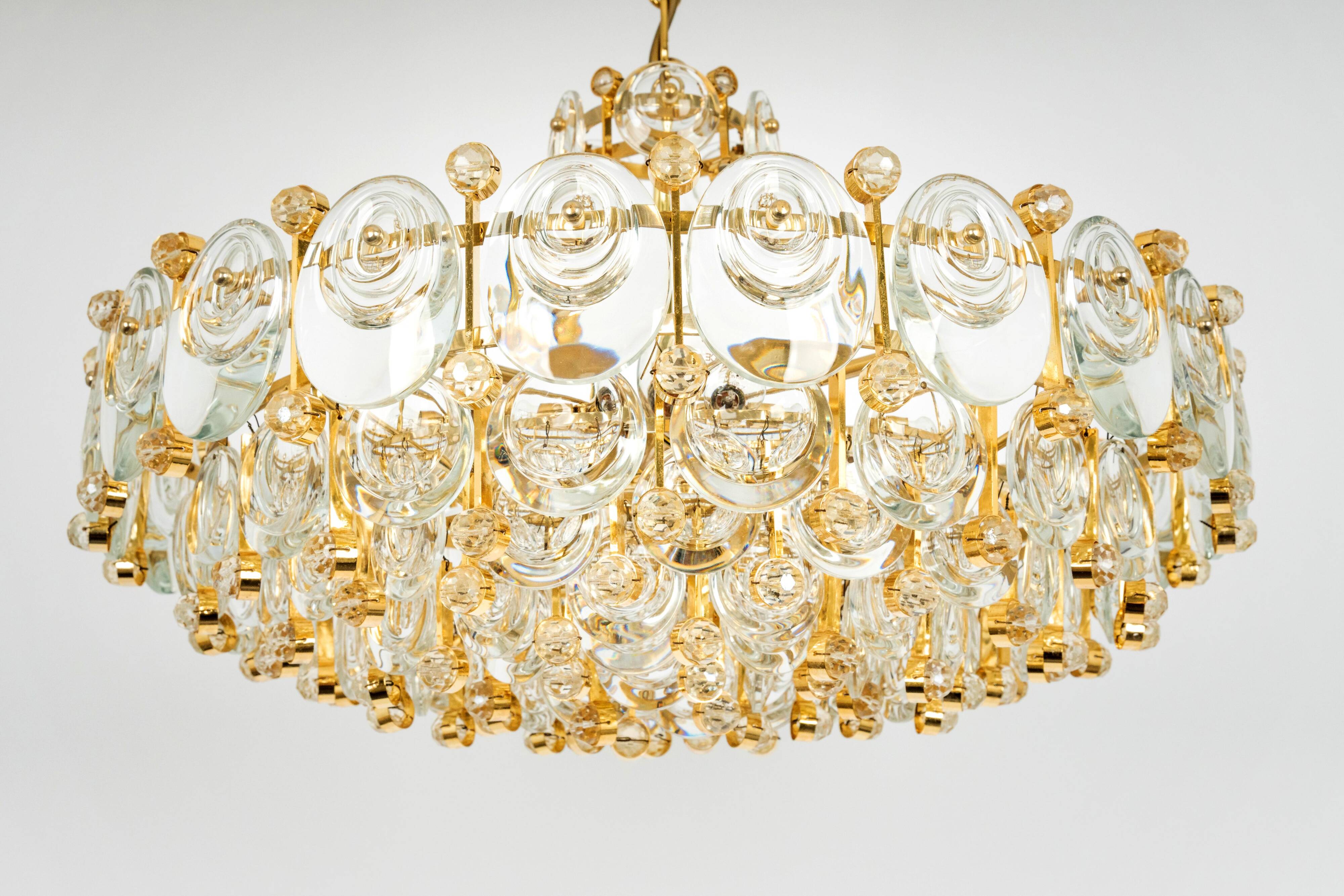 Brass and crystal chandelier, Sciolari design by Palwa, Germany, 1970s.