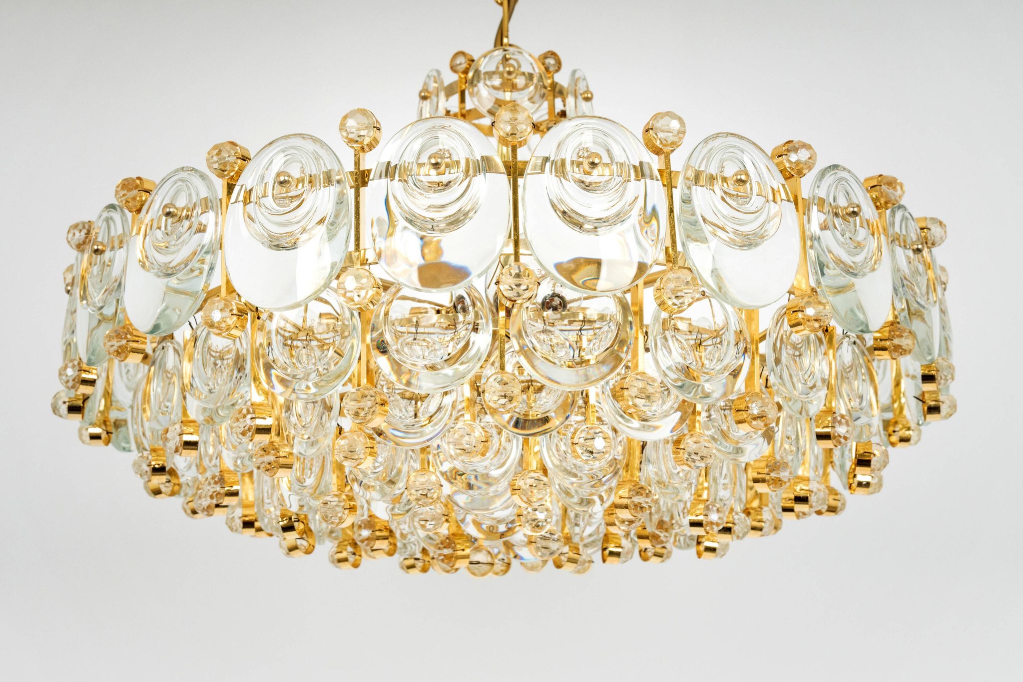Brass and crystal chandelier, Sciolari design by Palwa, Germany, 1970s.