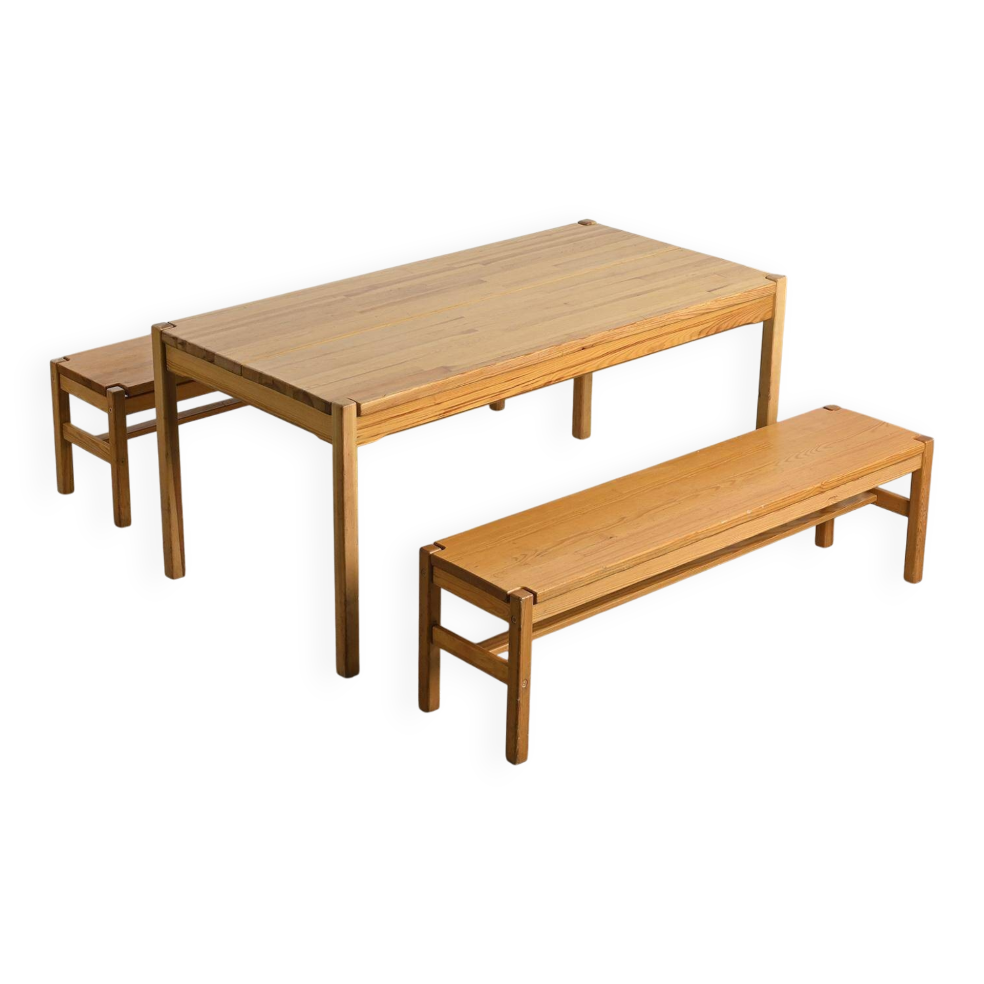 Table and two benches set in solid elm, France, circa 1980