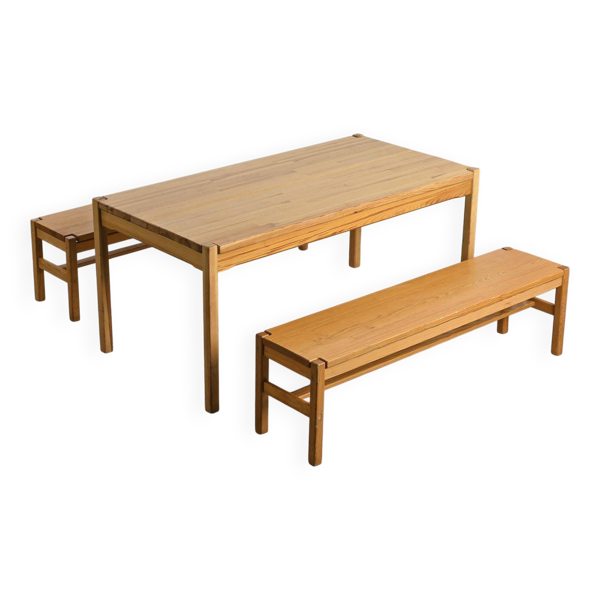 Ensemble table et deux bancs en orme massif, France, vers 1980 — Beyit