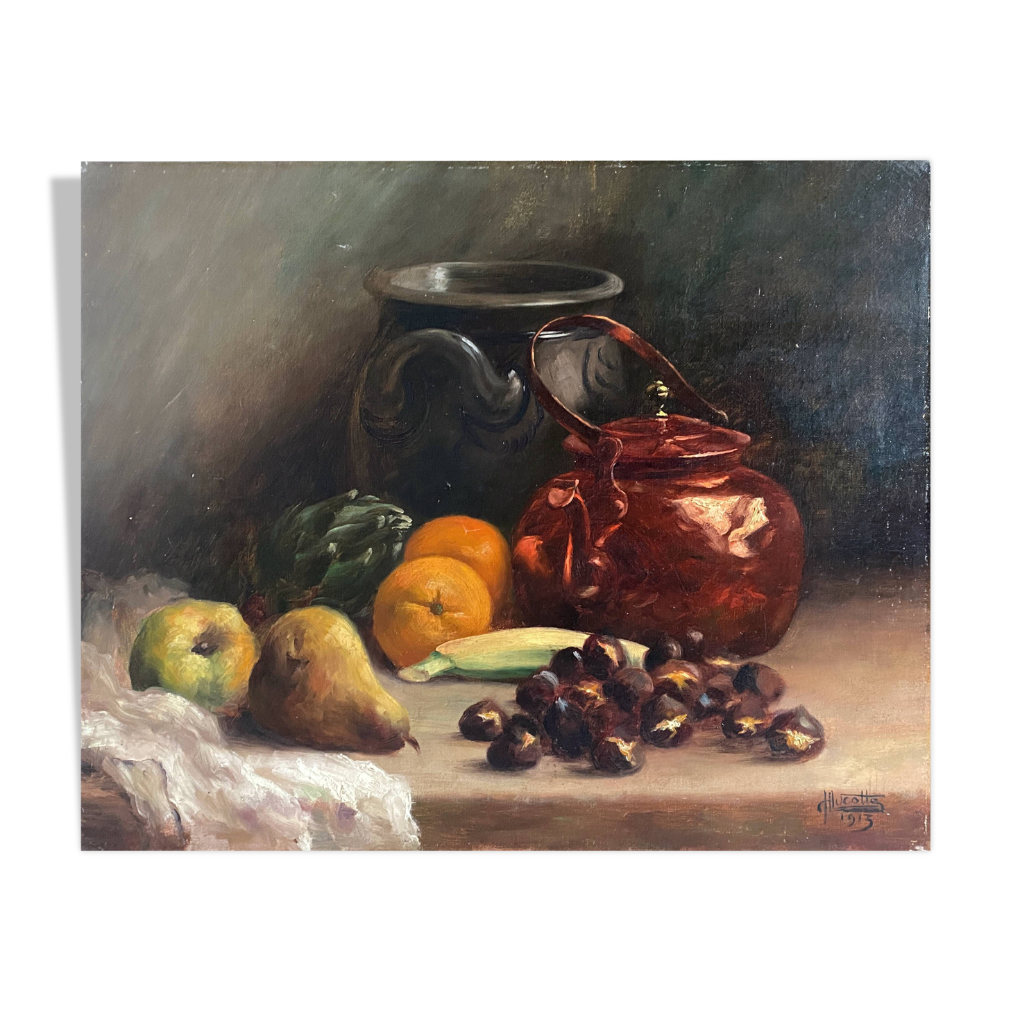 HST painting "Still life with oranges and chestnuts" signed H. Lucotte 1913