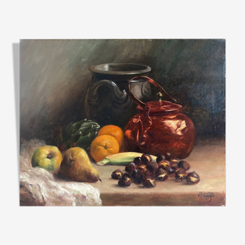 Tableau HST "Nature morte aux oranges et châtaignes" signé H. Lucotte 1913