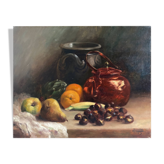 Tableau HST "Nature morte aux oranges et châtaignes" signé H. Lucotte 1913