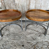 Nightstand Round Design Metal Grey + Wooden Top #D