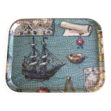 Old serving tray, boat at sea, 1960