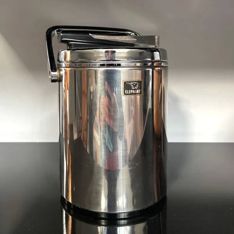 Vintage stainless steel ice bucket with lid and tongs - Made in Japan