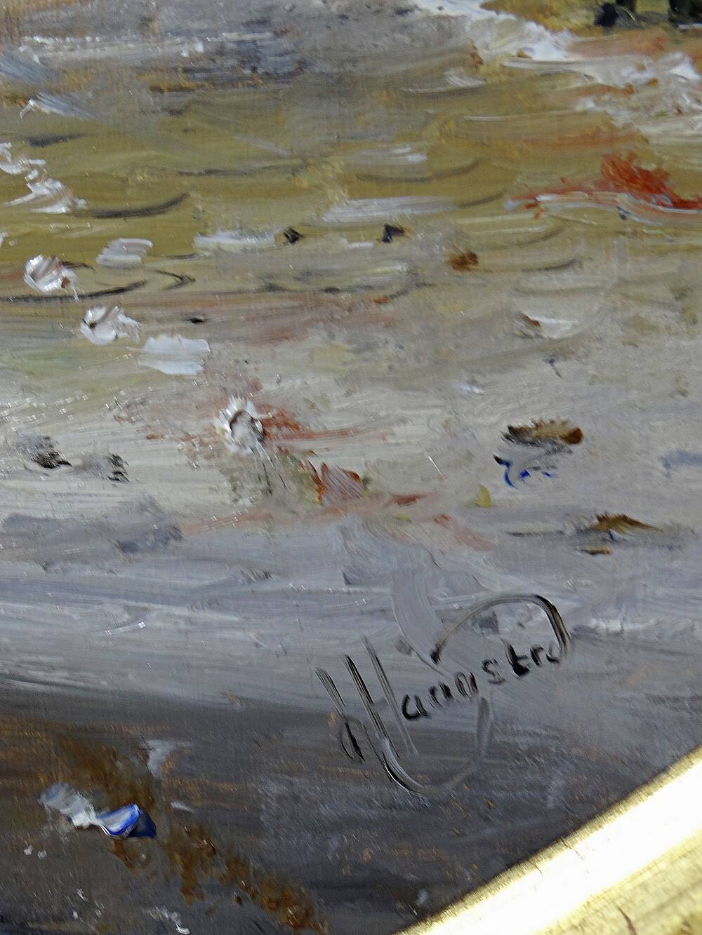 Large urban scene oil on wood framed painting John Haanstra vintage