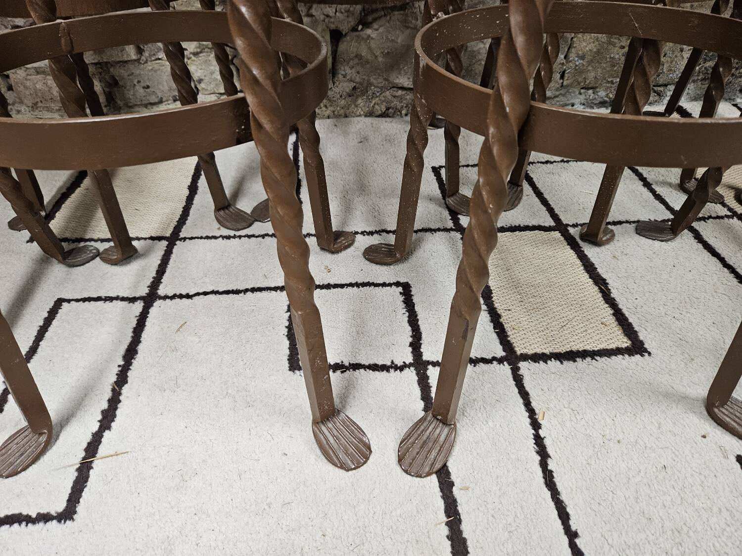 Set of 8 brutalist wrought iron bar stools 1970"