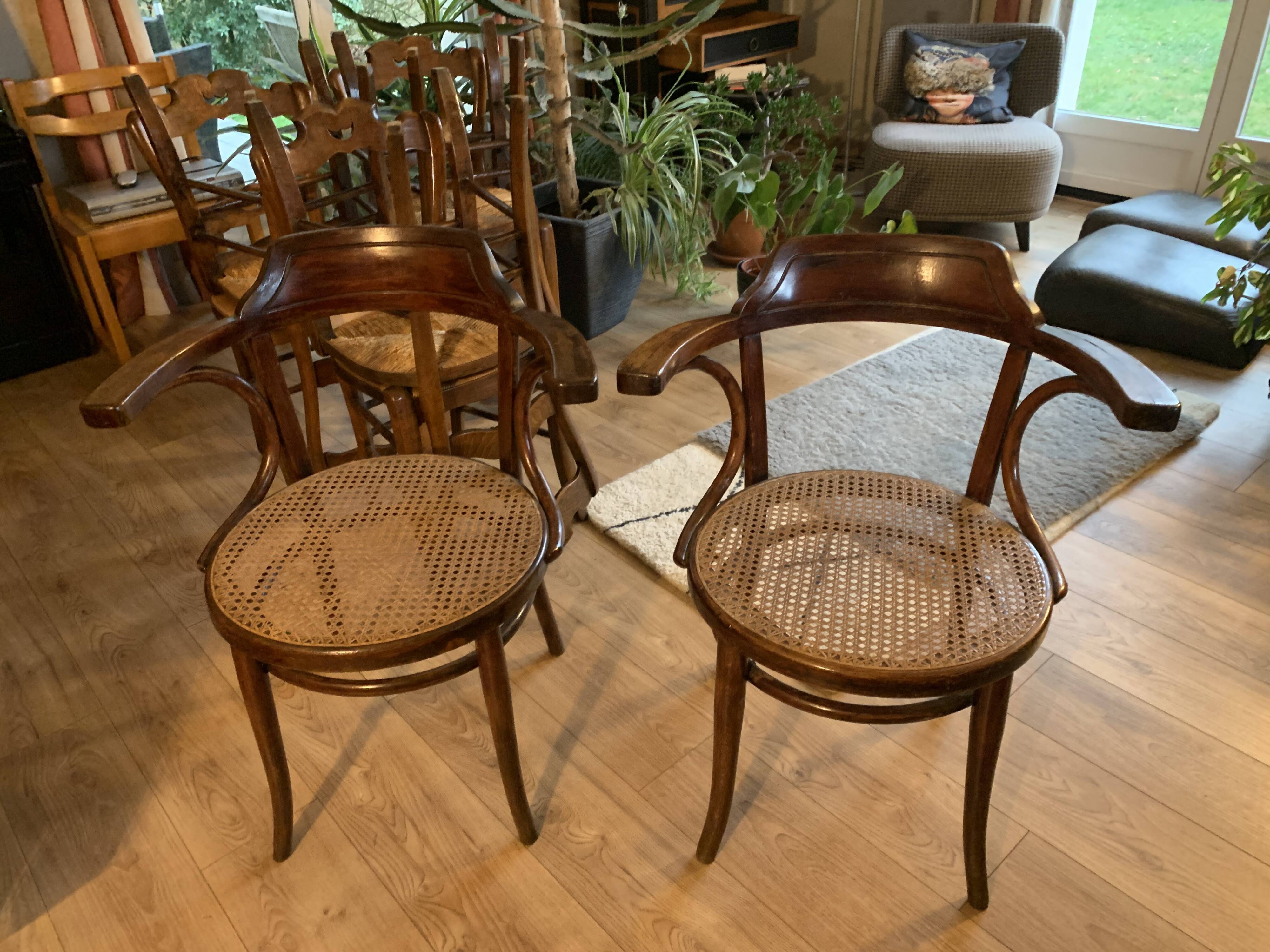 Paire de fauteuils cannés en bois courbe signés Thonet