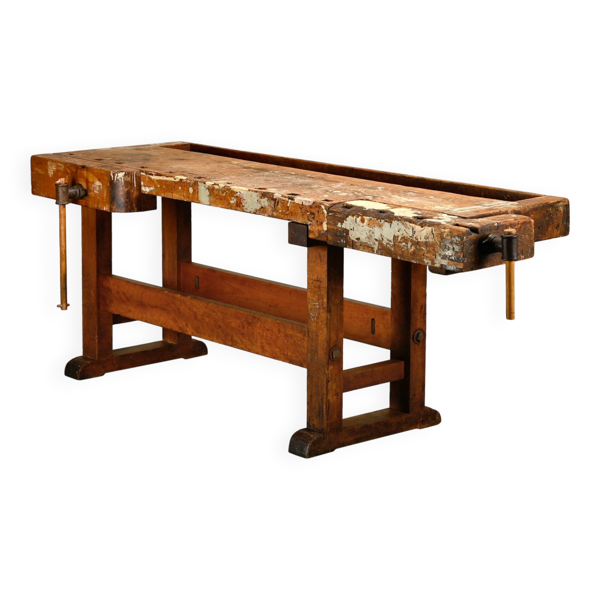 Vintage Wooden Industrial Rustic Carpenter’s Workbench with Two Vises