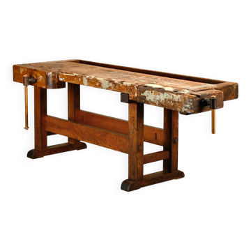 Vintage Wooden Industrial Rustic Carpenter’s Workbench with Two Vises
