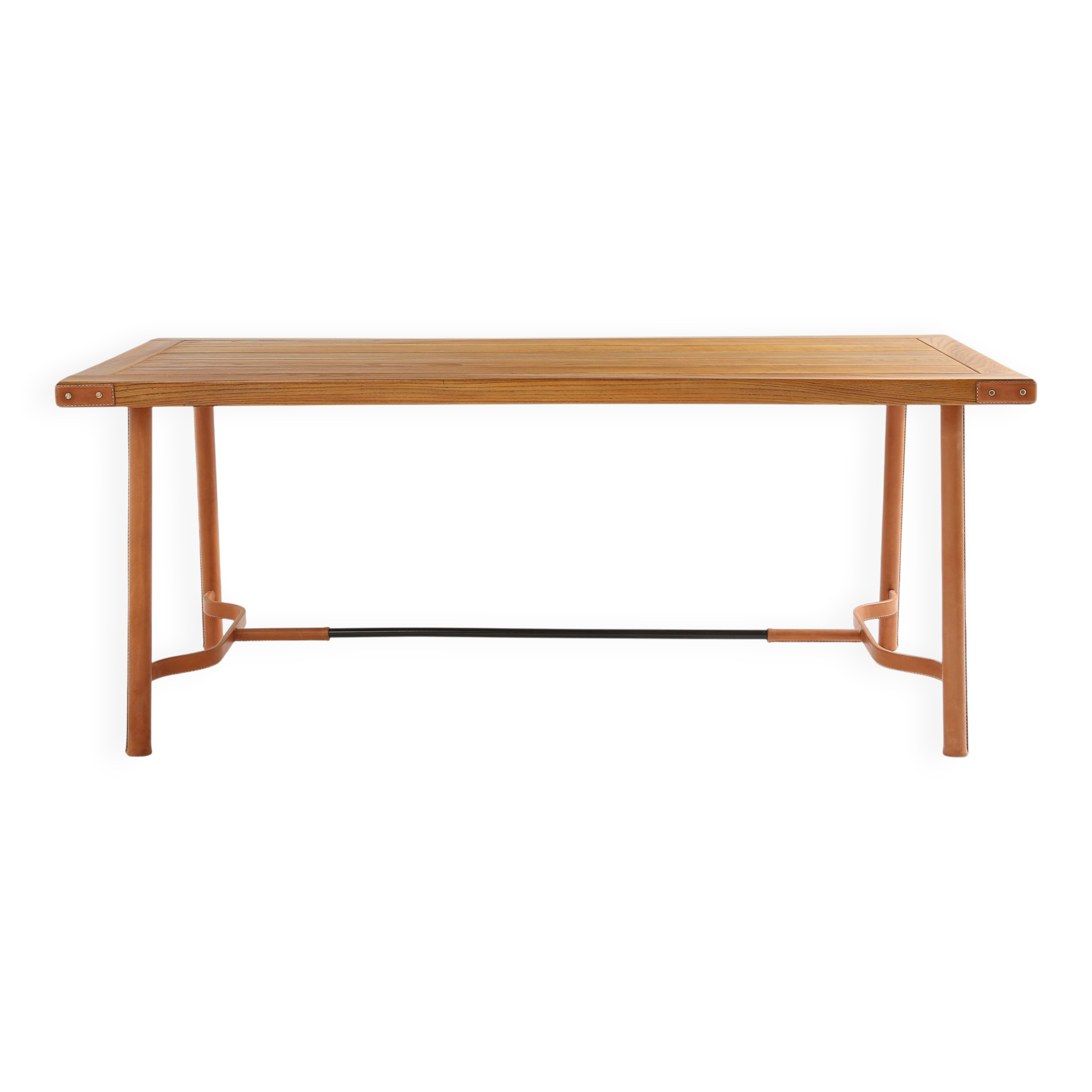 Jacques Adnet dining table oak red leather brass 1950