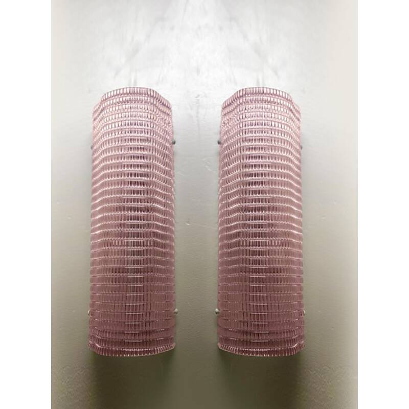 Set of Two Diamond Pink Rectangular Murano Glass Wall Sconce
