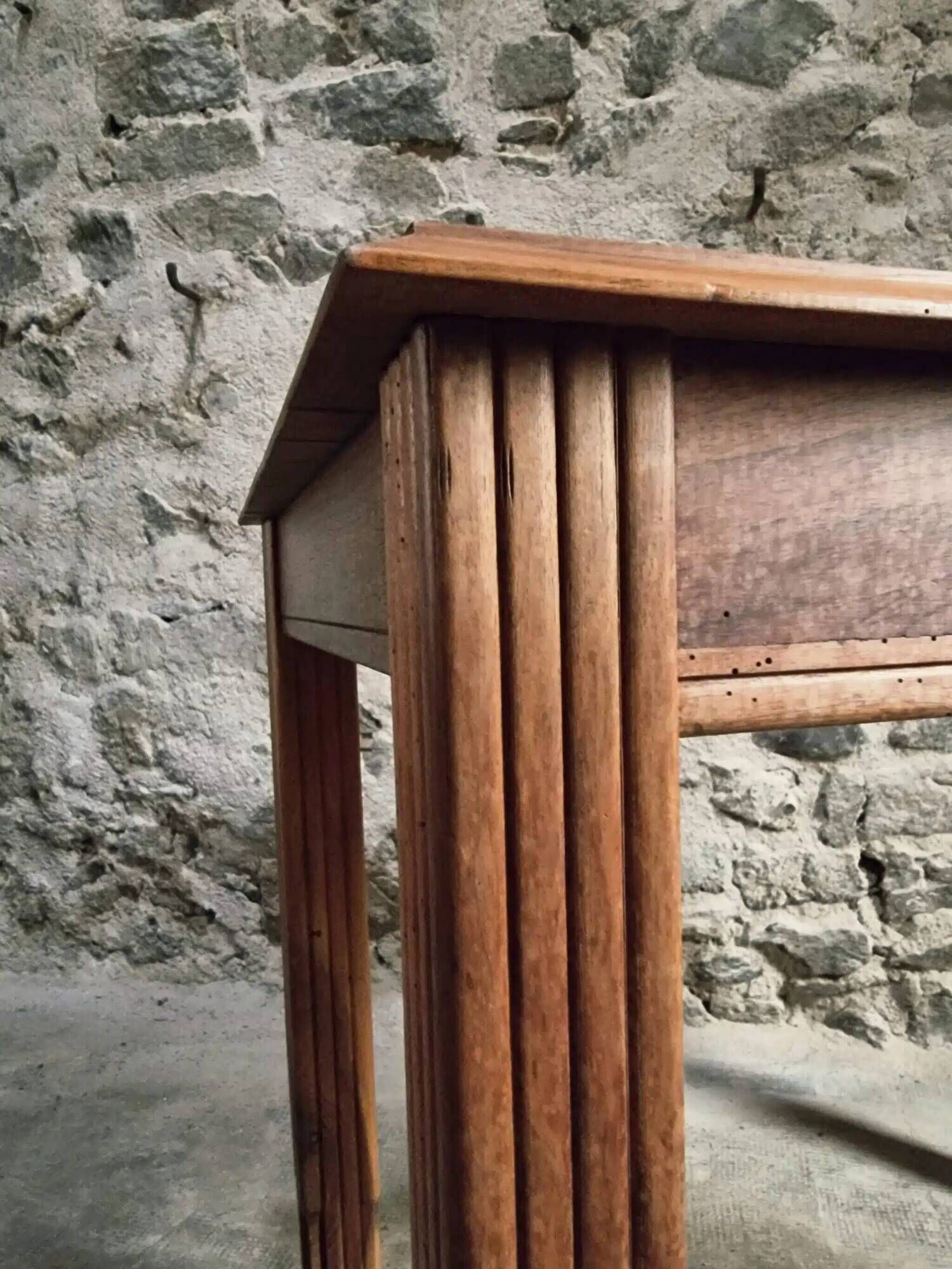 Vintage French walnut writing desk, 1950s Art Deco style, table with drawer, compact desk or side table
