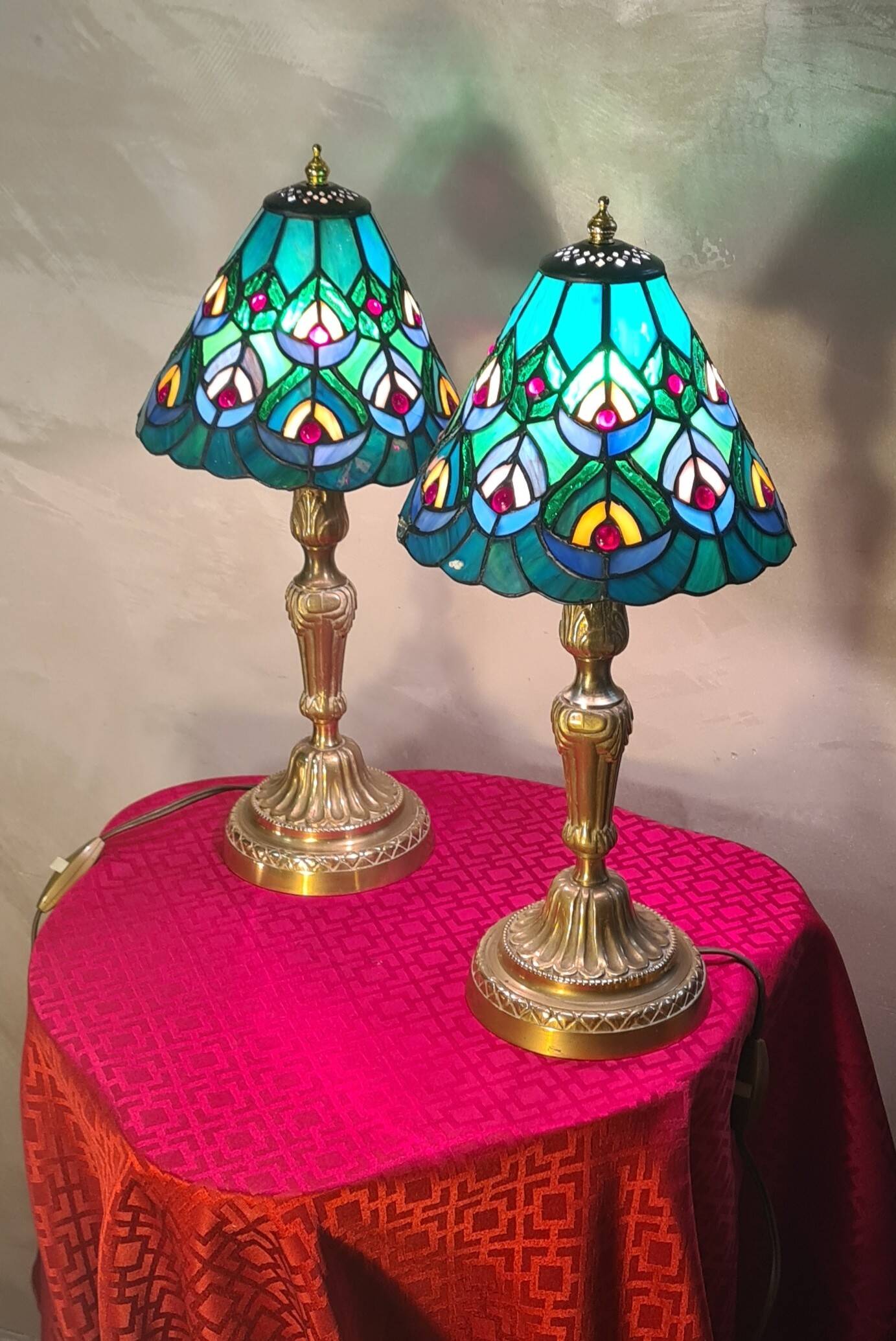 pair of antique bronze lamps, stained glass lampshades
