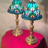 pair of antique bronze lamps, stained glass lampshades