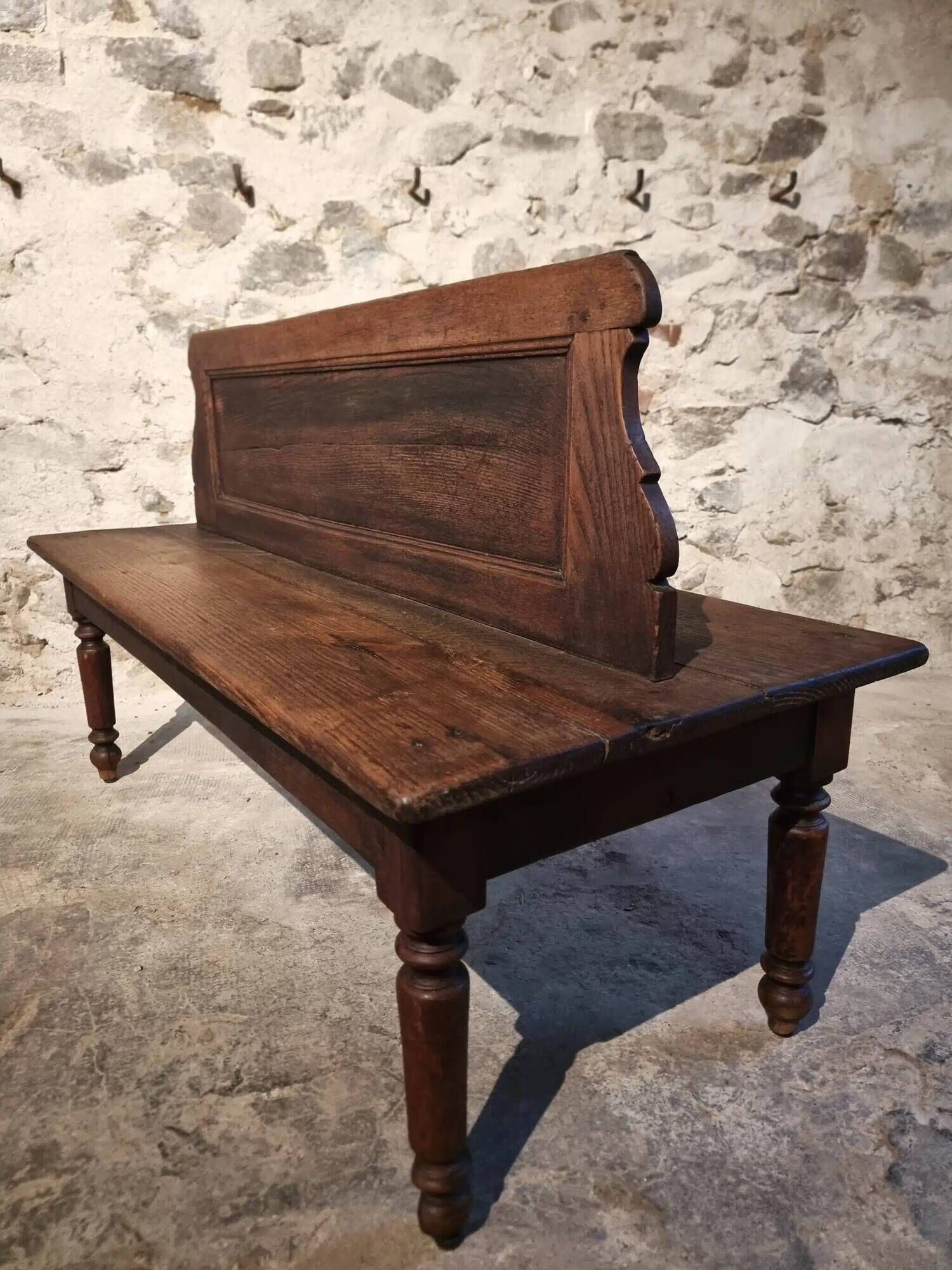 Antique French oak station bench – double-sided, 19th century (140 x 61 x 86 cm)