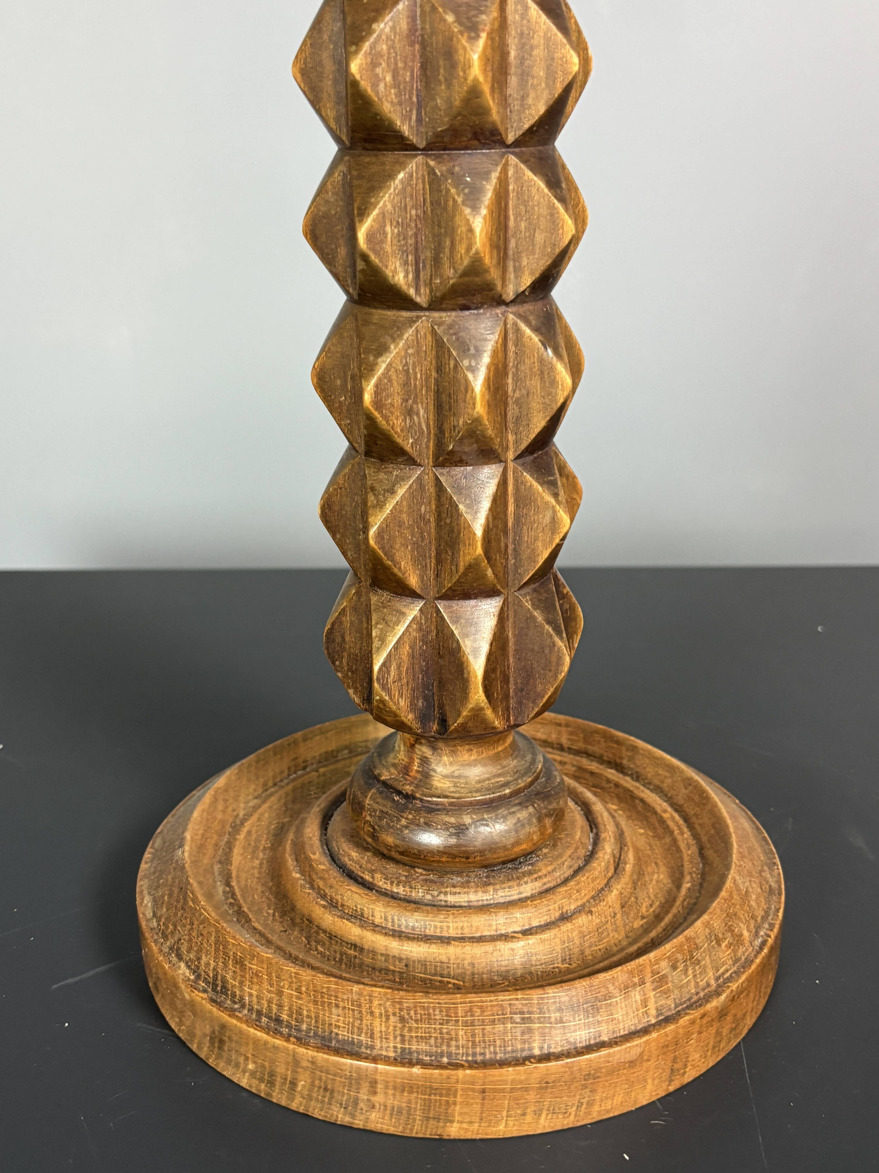 Brutalist Wood Turned Table Lamp in the style of Charles Dudouyt, 1950s