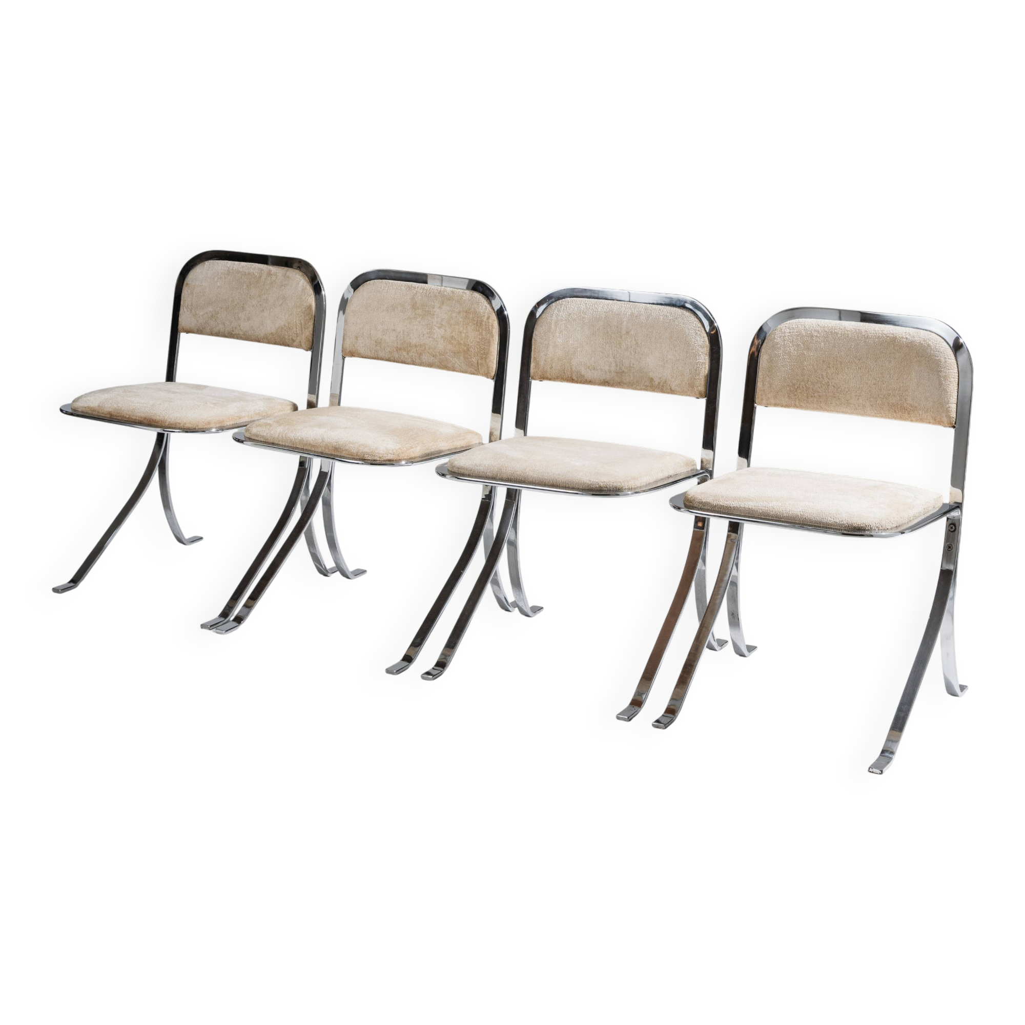 Set de 4 chaises en métal chromé et velours, 1970s
