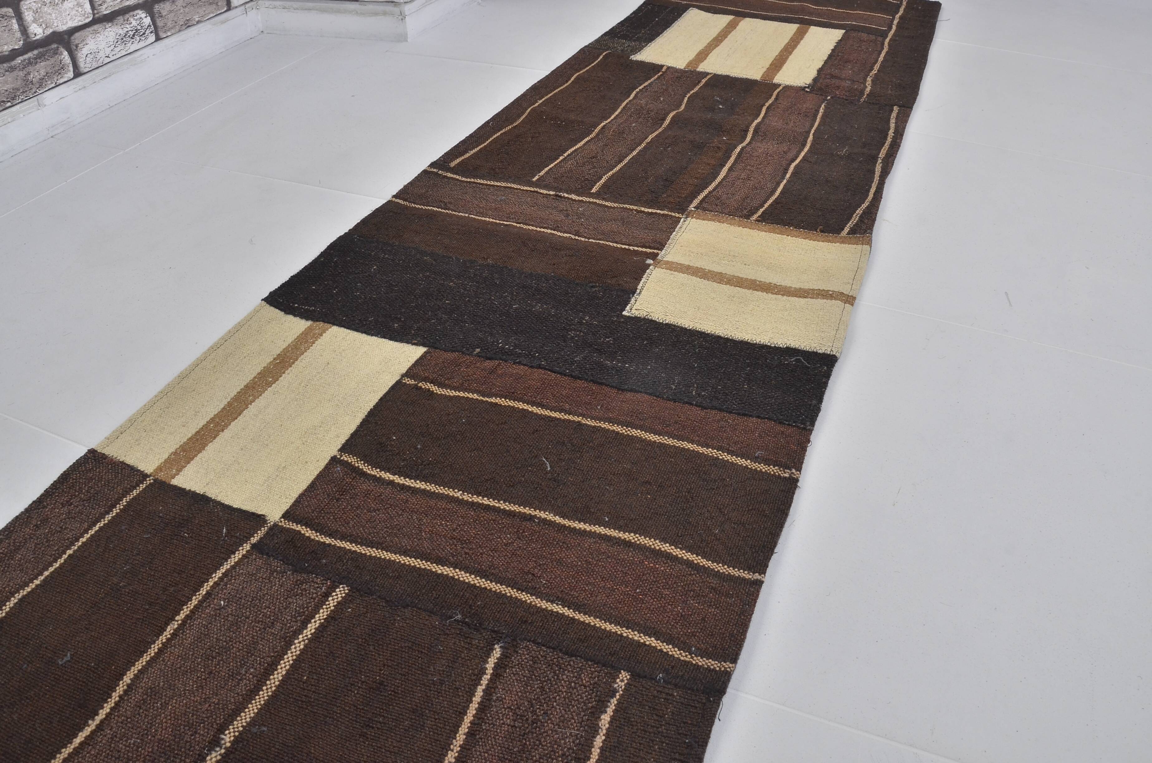 Black And White Handwoven Kilim Runner sku3842