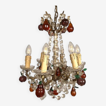 Lustre en bronze doré, pendeloques cristal et pampilles de verre coloré en forme de fruits, fin XIXe