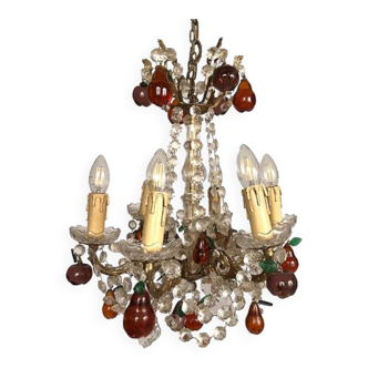 Lustre en bronze doré, pendeloques cristal et pampilles de verre coloré en forme de fruits, fin XIXe