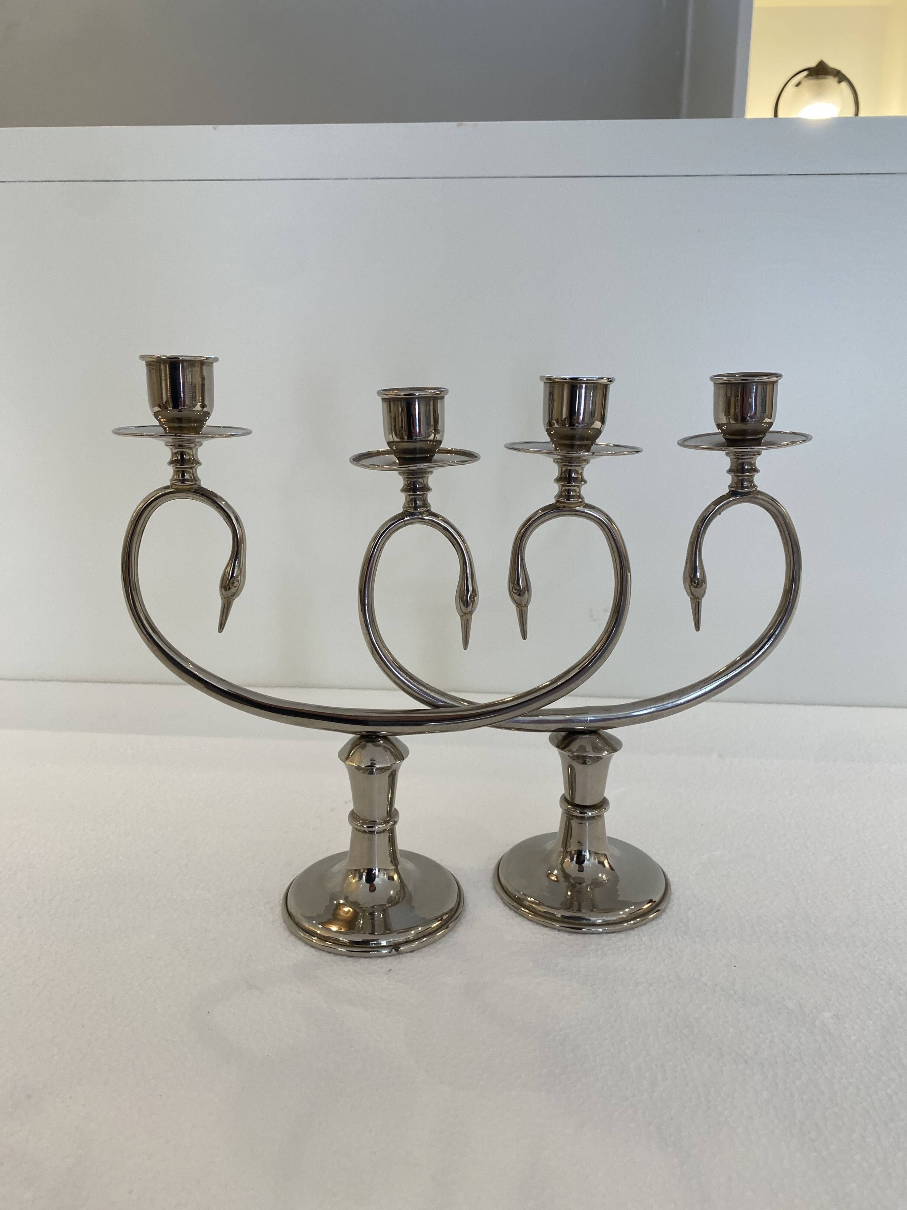 Silver Plated Pair Double Swan Candelabra Candleholders Sculptural 1970s