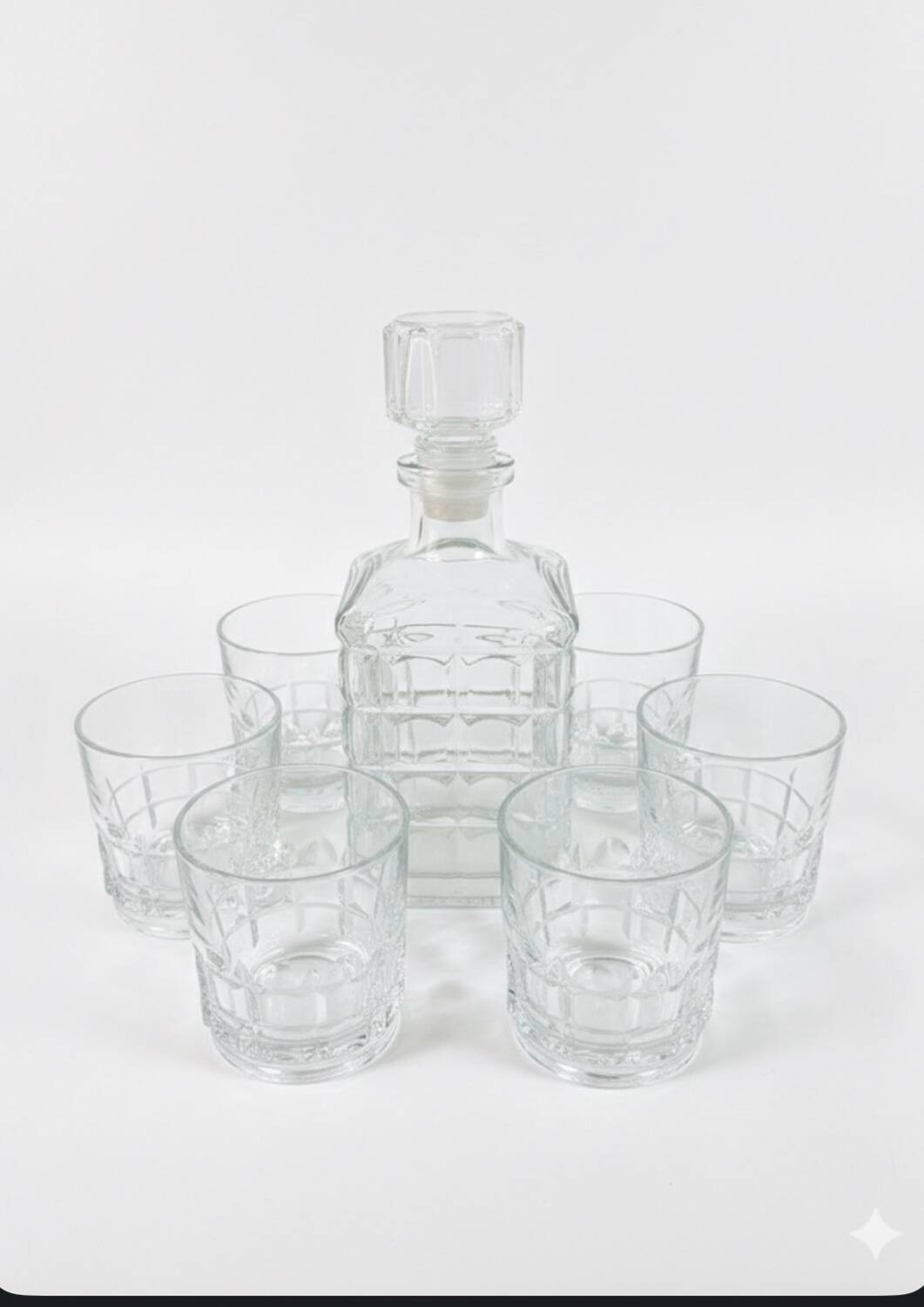 Luminarc Quadrille whisky service: decanter & 6 glasses from the 1970s.