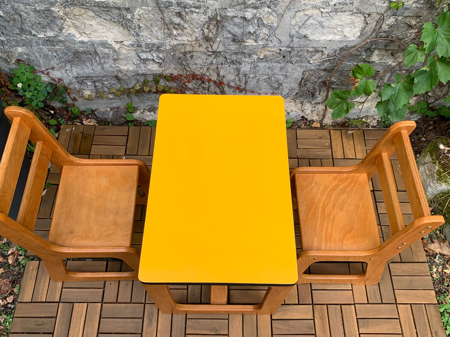 Children's wooden and formica desk and sled chairs 1970