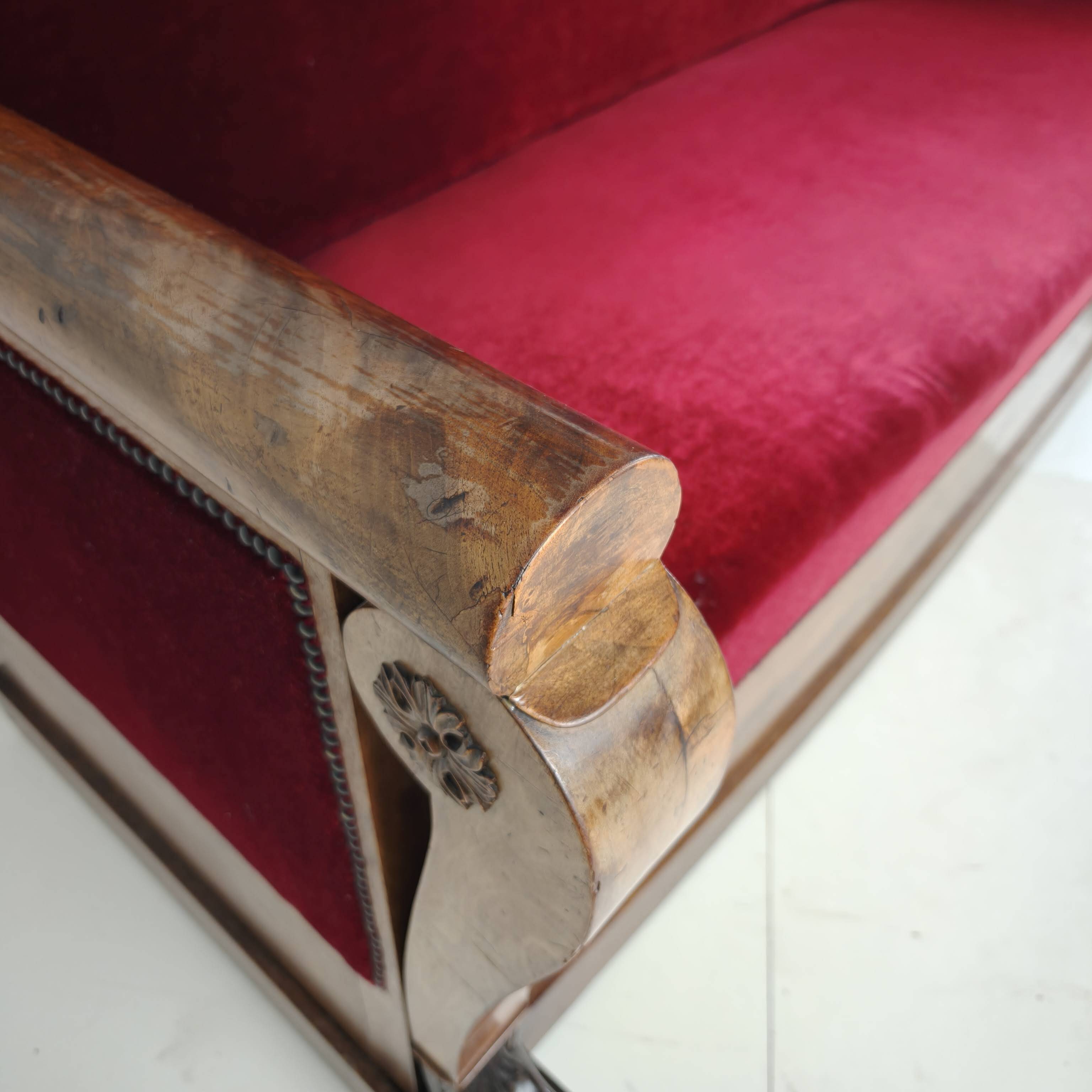 Empire Walnut Red Sofa, early 19th Century