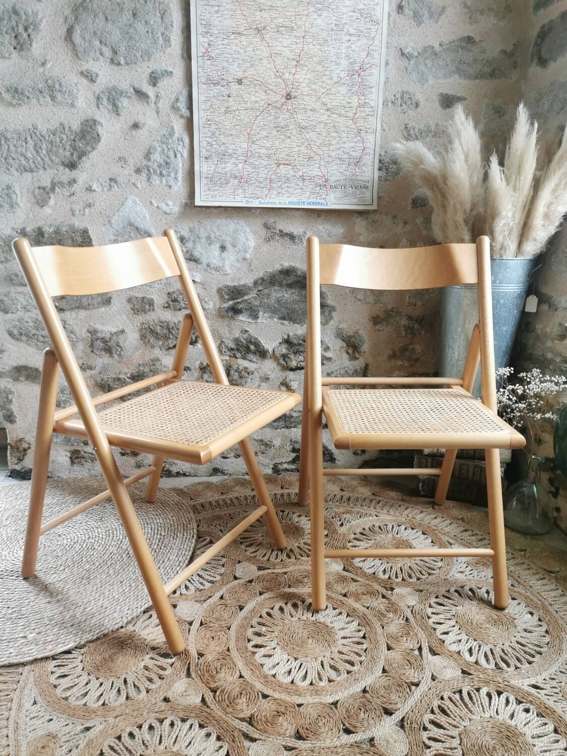 2 Vintage Folding Chairs, Beech and Rattan Canework