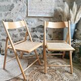 2 Vintage Folding Chairs, Beech and Rattan Canework