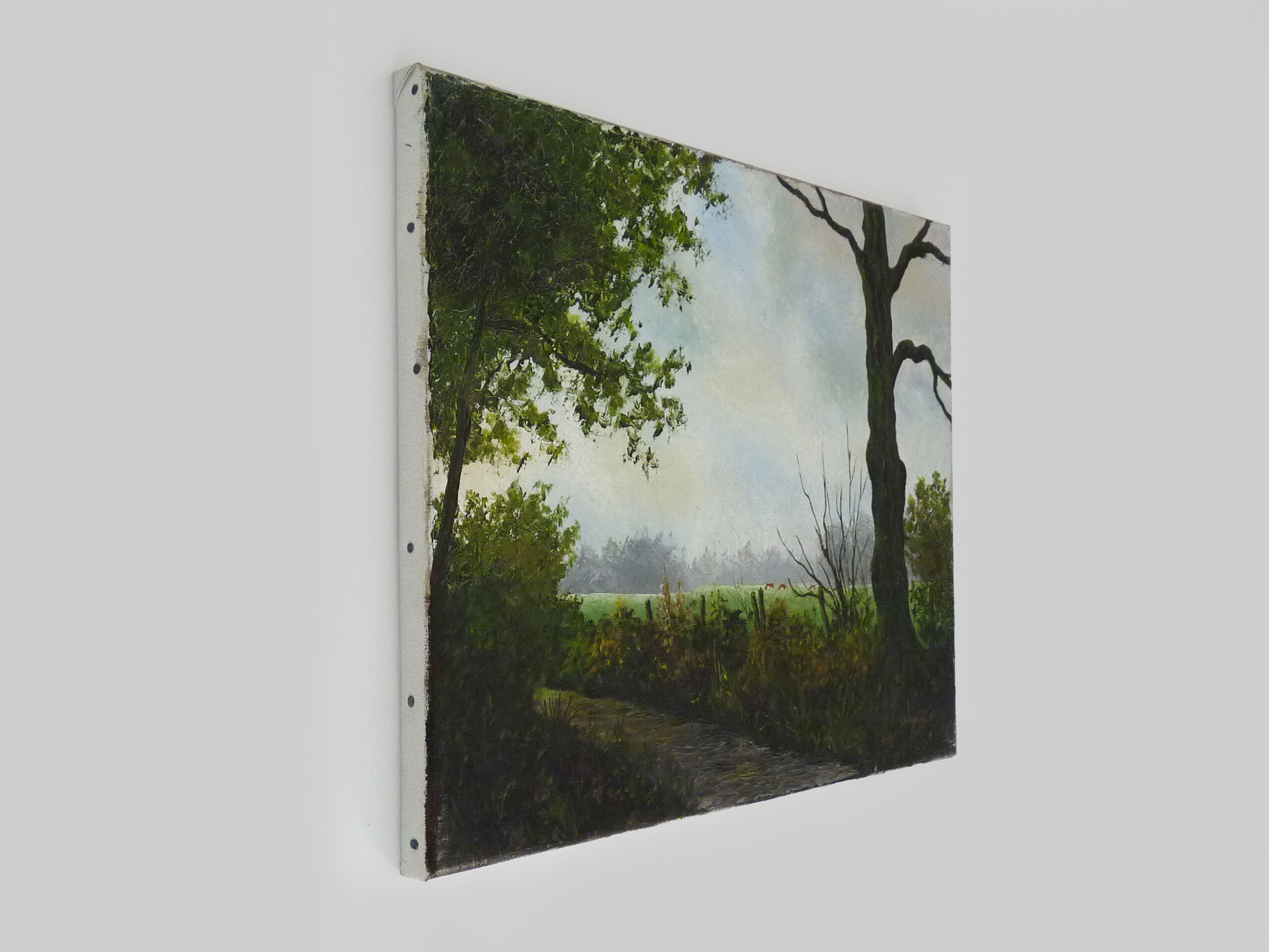 Oil on canvas village by Jan Van Dooren, autumn landscape. Signed. 70s