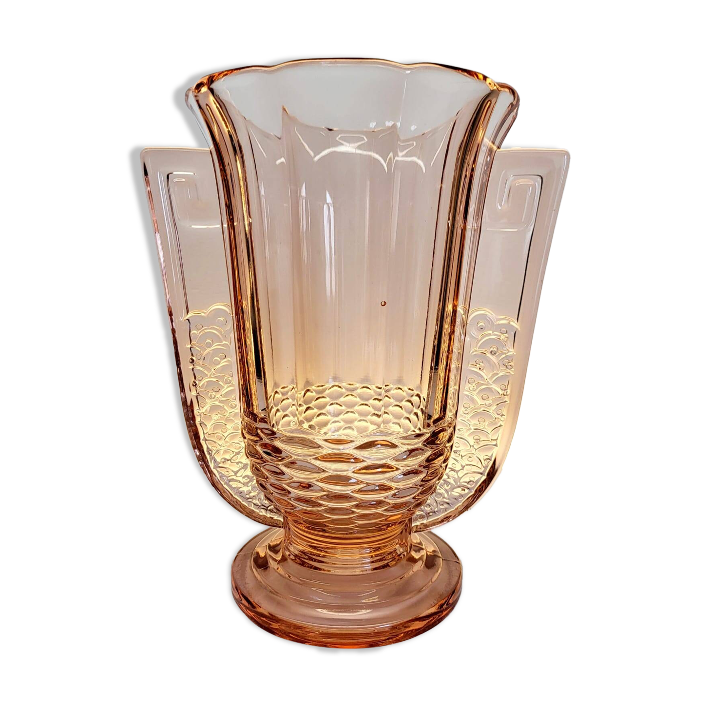 Vase Art déco en cristal Val Saint Lambert rose, série Luxval modèle Romeo, Belgique
