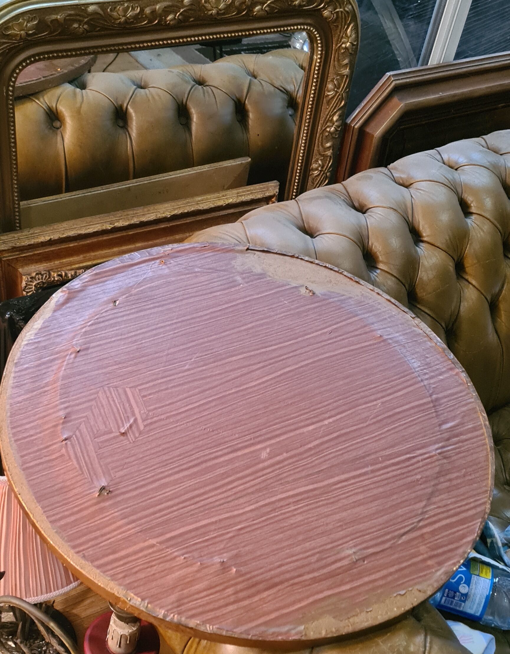 Mirror 1970 frame copper plate hammer and studded on wood 62x62 glass 45x45