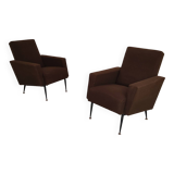 Pair of dark brown rockabilly style armchairs in new vintage condition