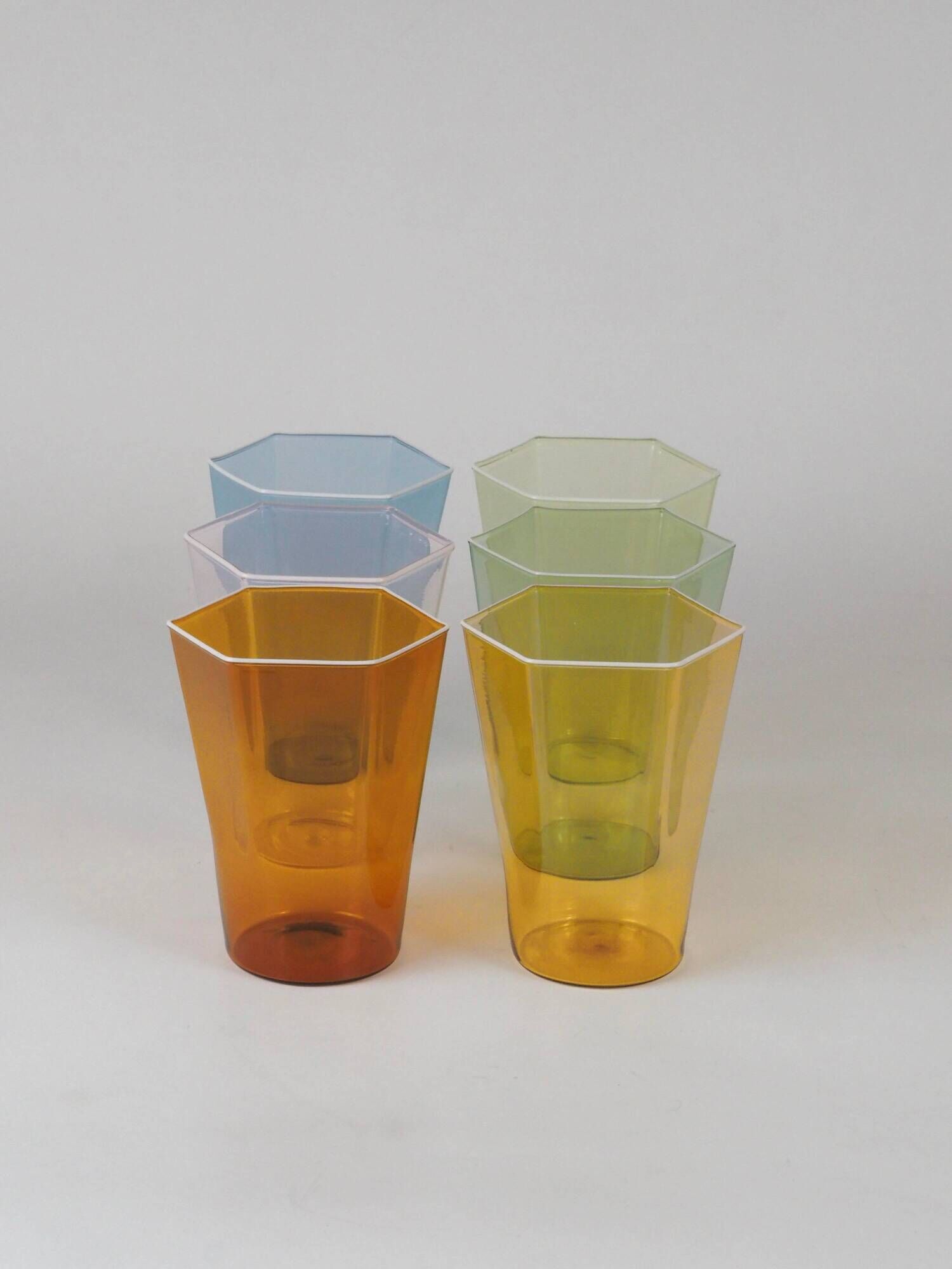 Set of six hexagonal Murano glass glasses handmade by Carlo Scarpa.