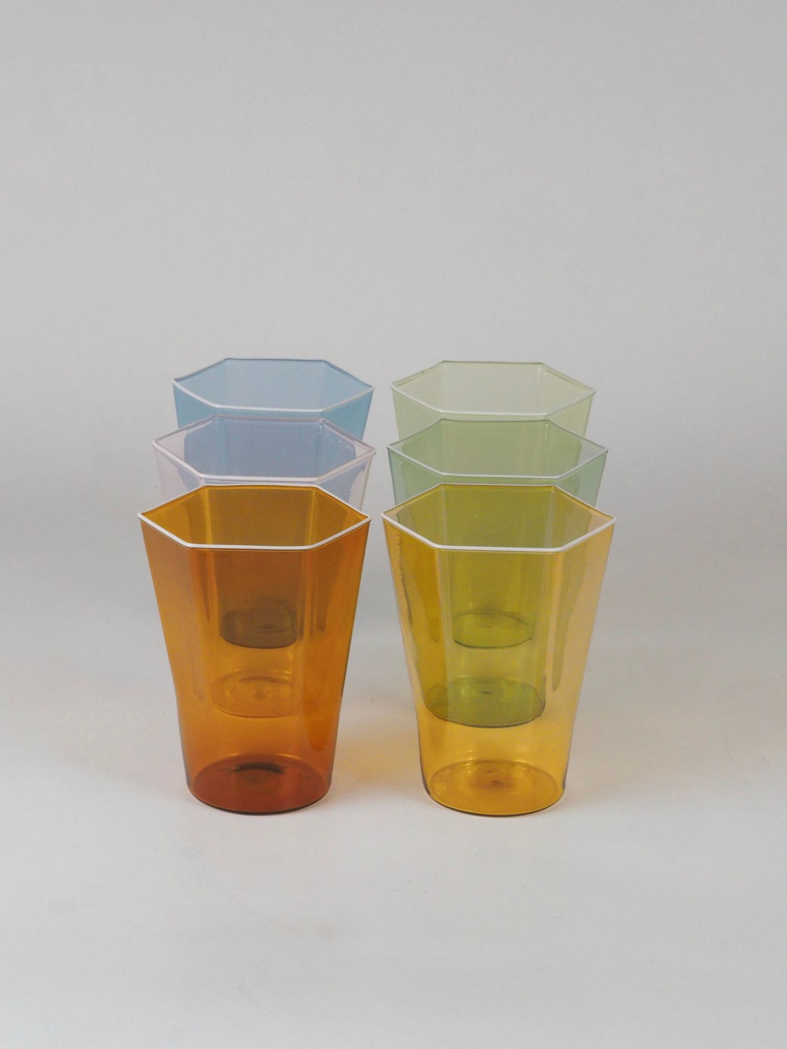 Set of six hexagonal Murano glass glasses handmade by Carlo Scarpa.