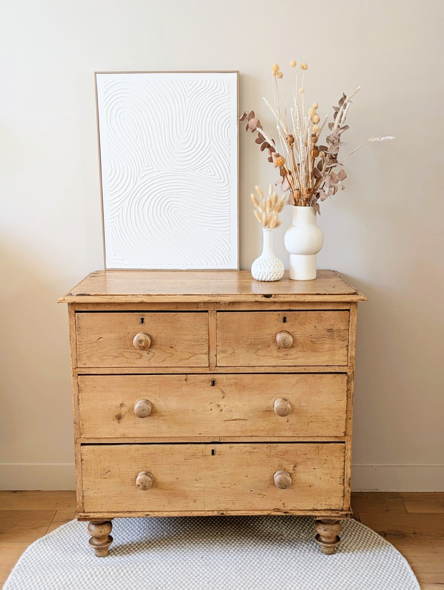 Renovated antique English solid pine chest of drawers.