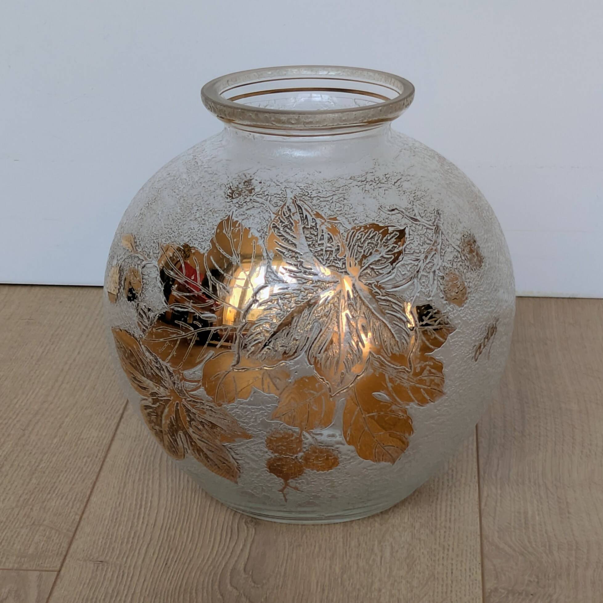 Frosted Glass Ball Vase with Golden Botanical Decoration — Signed Adat — Circa 1950