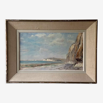 Huile sur toile - Falaises et bord de plage - F. Letailleur