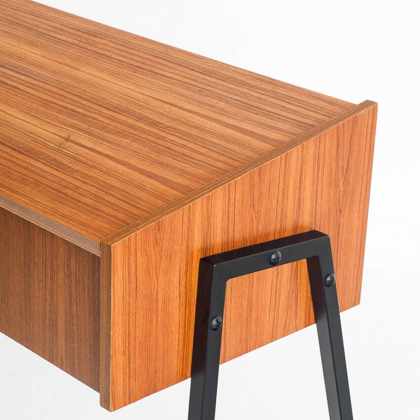 Vintage teak and lacquered iron console table. Scandinavian style. France, 1960s