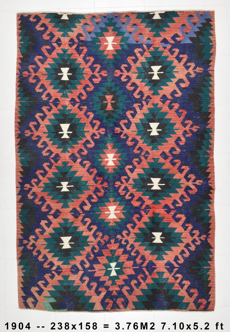 Red & Blue Geometric Vintage Kilim Rug, 158x238Cm