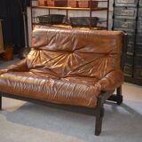 Brutalist sofa in oak and patinated leather, 1960s