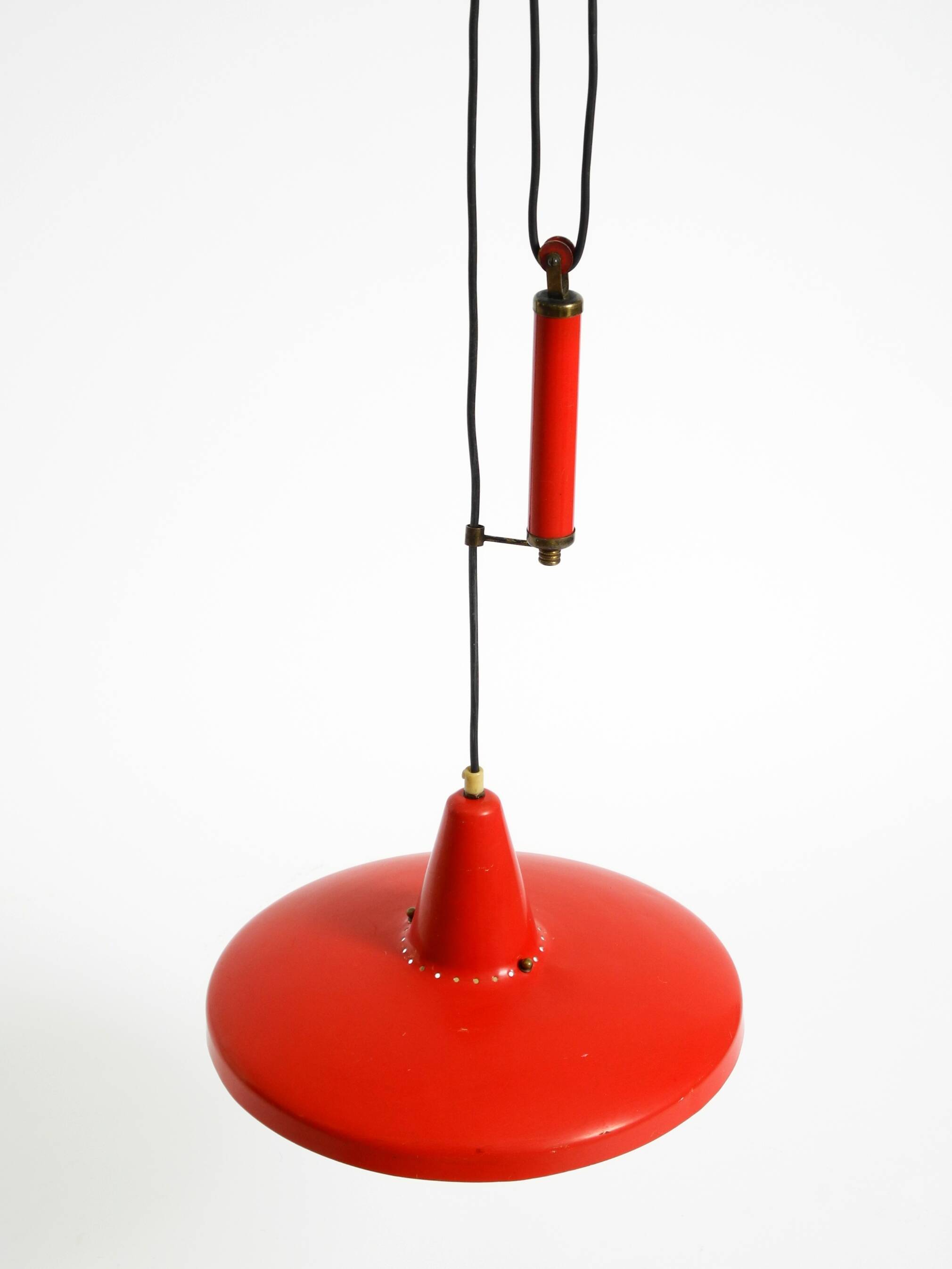 Mid-Century Modern red aluminum pendant lamp, height adjustable, Italy